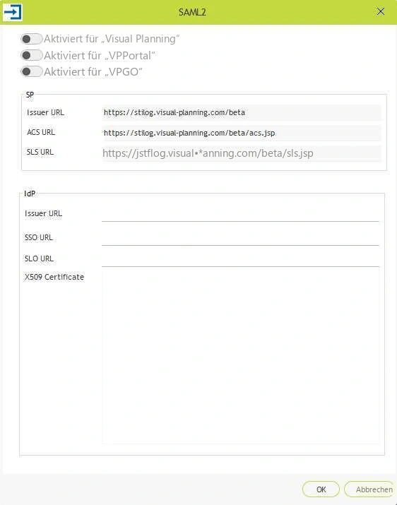 Visual Planning 10 - Admin Center: SAML2
