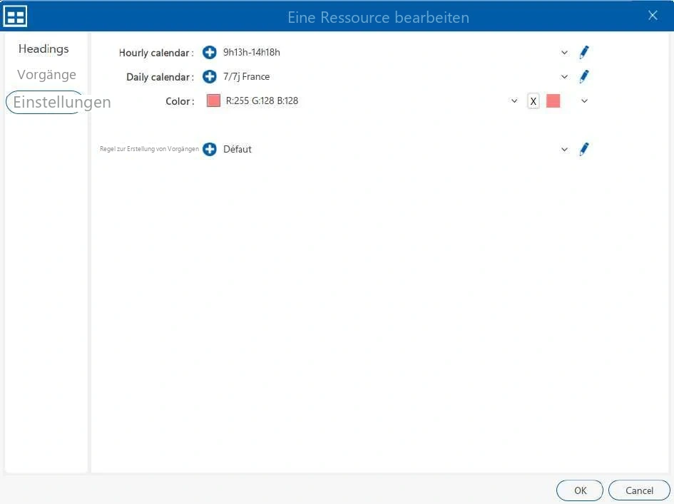 Visual Planning 10 - Klicken Sie hier einfach mit der rechten Maustaste auf die Ressource > „Bearbeiten“ > Registerkarte „Einstellungen“.