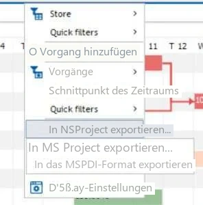 Visual Planning 10 - Klicken Sie dazu mit der rechten Maustaste auf die Kopfzeile der Ansicht > Kontextmenü > In MS Project exportieren. - Abbildung 2