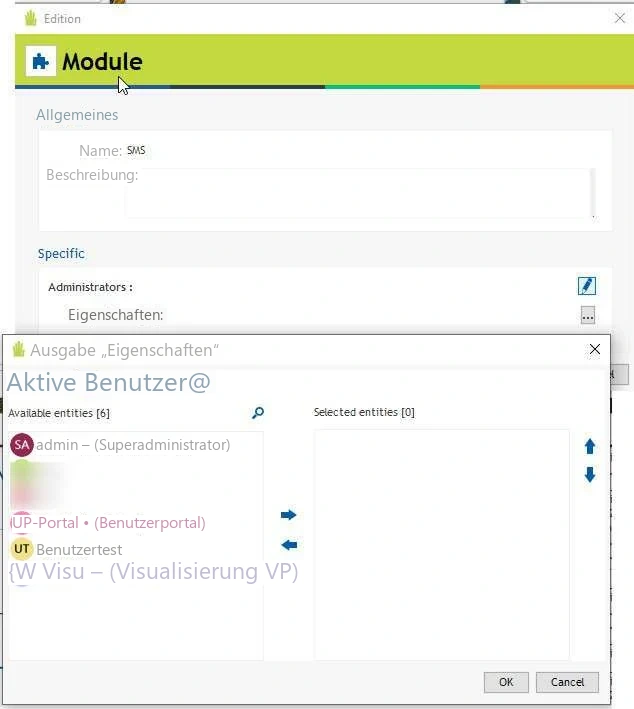Visual Planning 10 - Klicken Sie auf das SMS-Modul > Ändern > Administratoren.