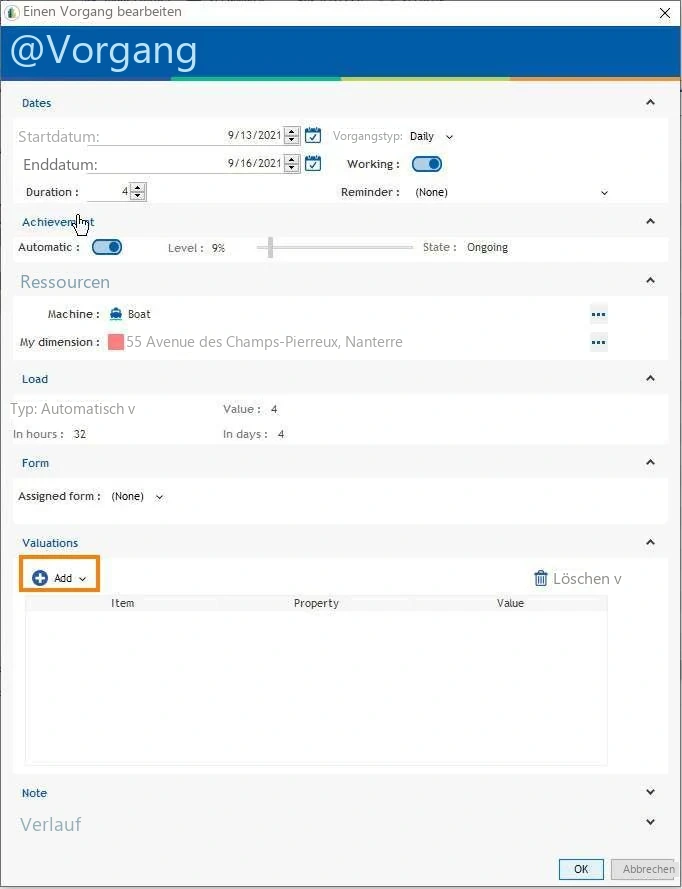 Visual Planning 10 - Bewertungsposten: Nutzung