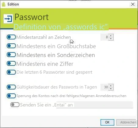 Visual Planning 10 - Admin Center: PASSWORT-EINSTELLUNGEN