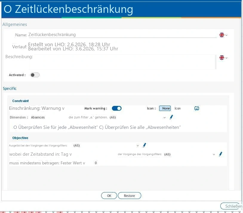 Visual Planning 10 - Zeitlückenbeschränkung: Konfiguration